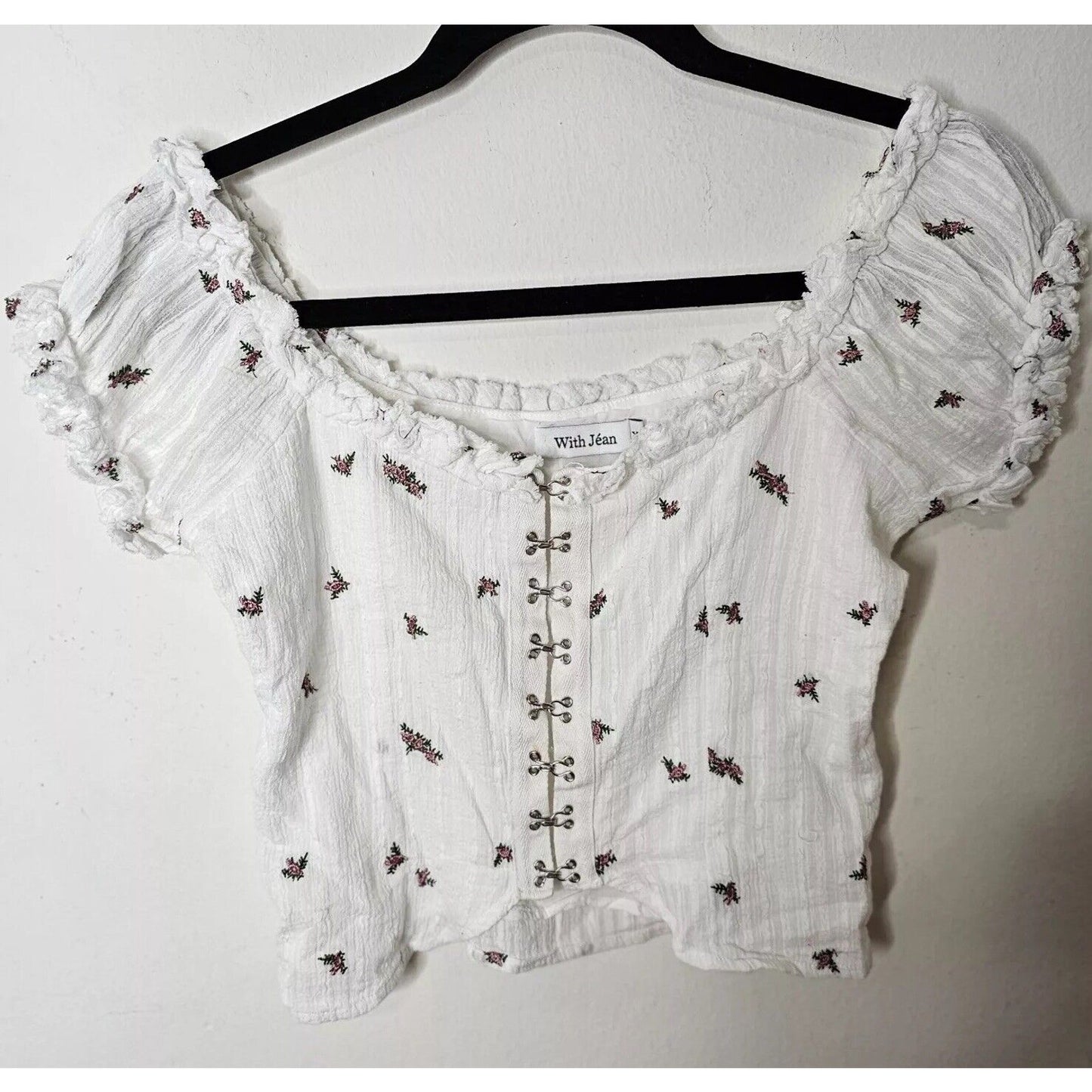 With Jean White Gauze Exposed Hook and Eye Floral Puff Off Shoulder Crop Top XS