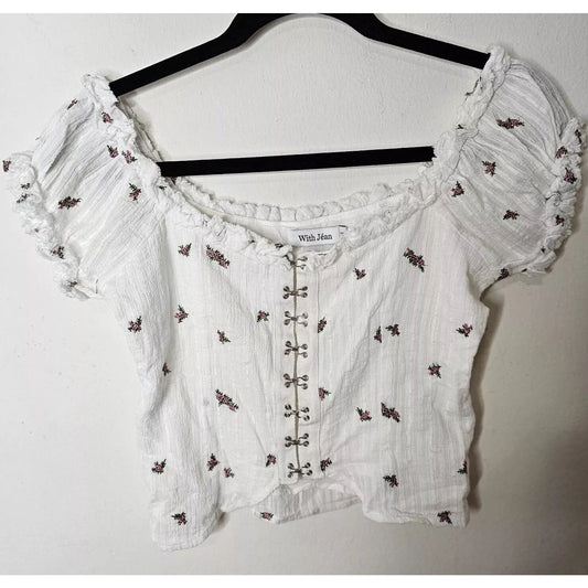 With Jean White Gauze Exposed Hook and Eye Floral Puff Off Shoulder Crop Top XS