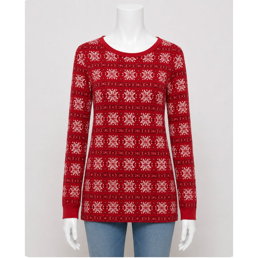 Red & White Fuzzy Snowflake Ugly Holiday Christmas Sweater Front Pockets Small