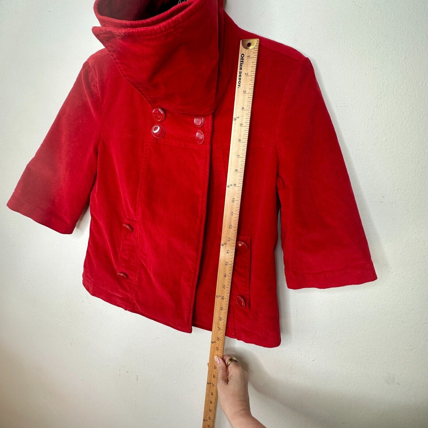 Tulle Red Corduroy Turquoise Lined Foldover Collar Jacket 3/4 Sleeves S