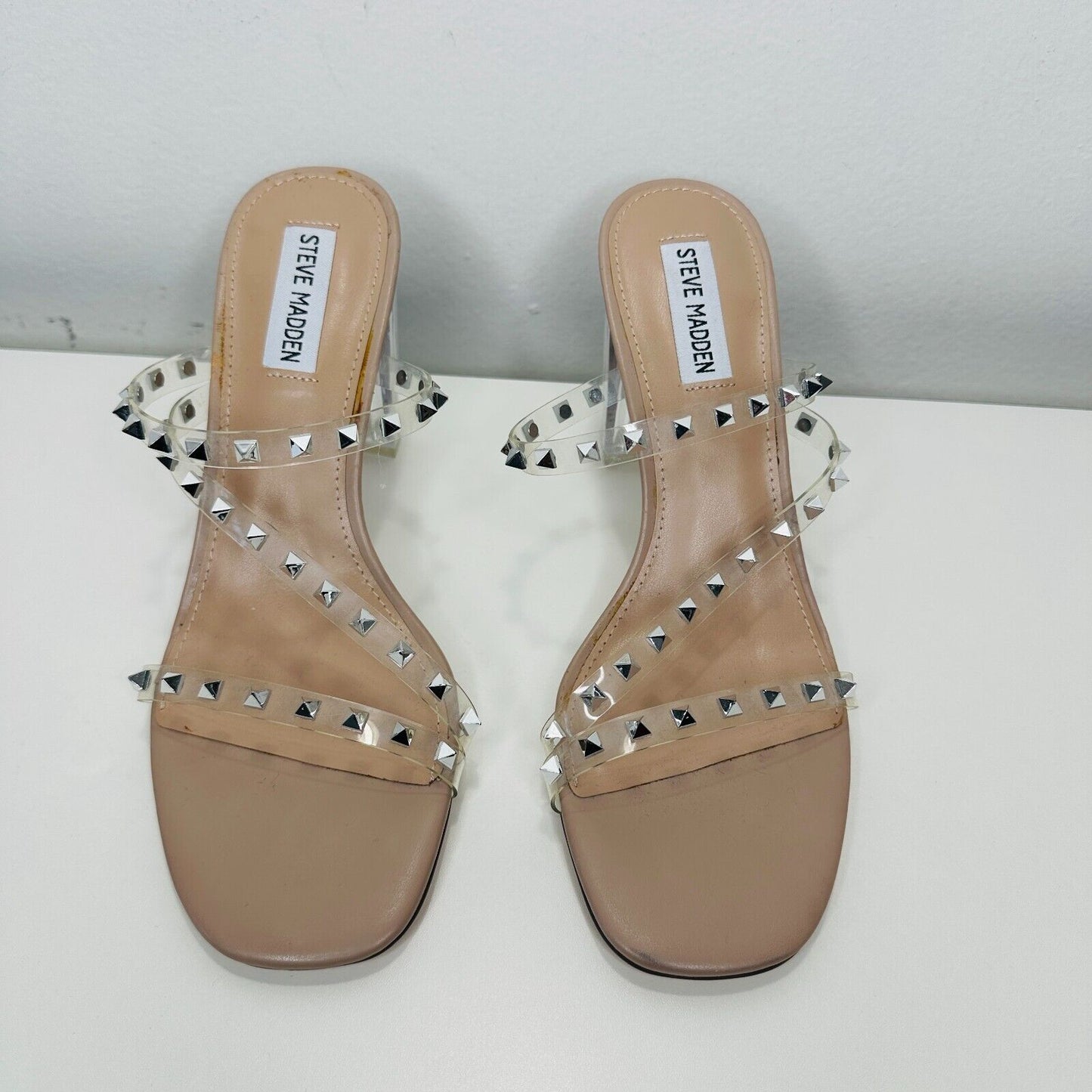 Steve Madden Nude Lucite Tangent Cone Heel Clear Silver Studded Strappy Sandal 9