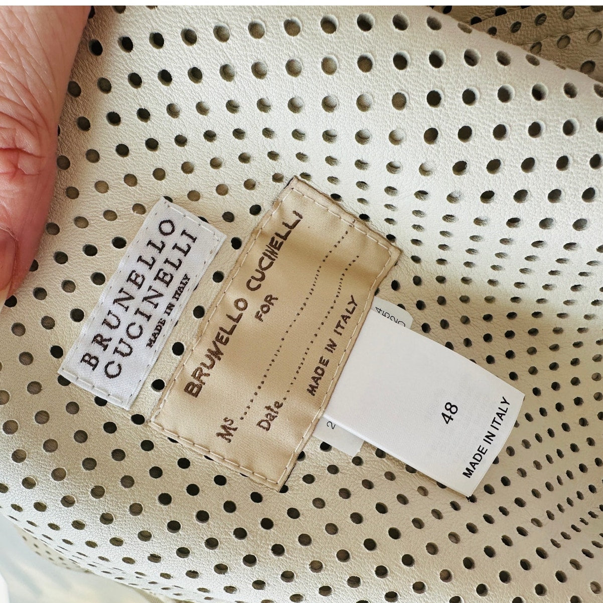 NWT Brunello Cucinelli Tan Cream Laser Cut 100% Leather Bomber Jacket 48 / XL