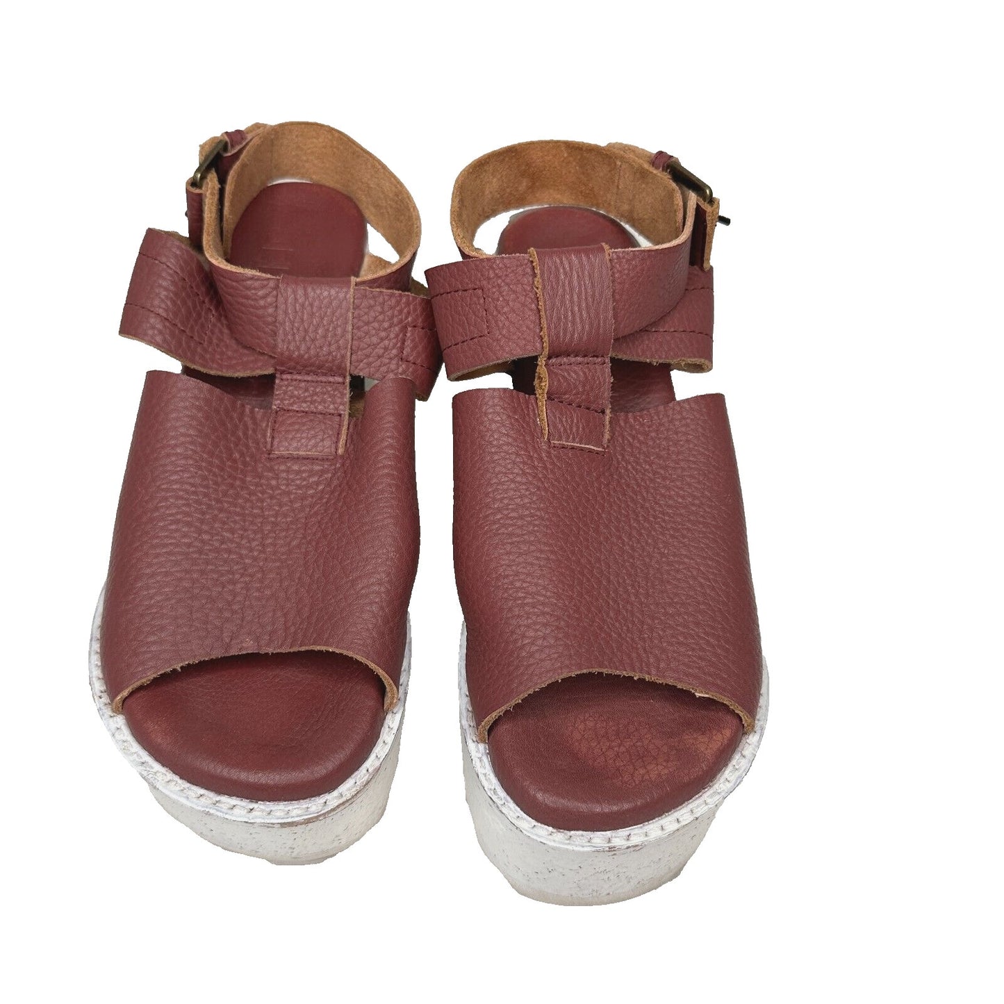 Anthro Gee Wawa Eggplant Leather White Platform Open Toe Ankle Strap Sandals 8