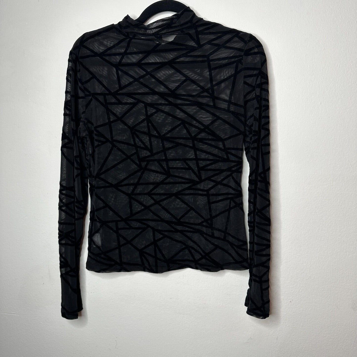 Jet Black Geometric Stripe Sheer Mesh Long Sleeve Mock Neck Stretch Blouse M