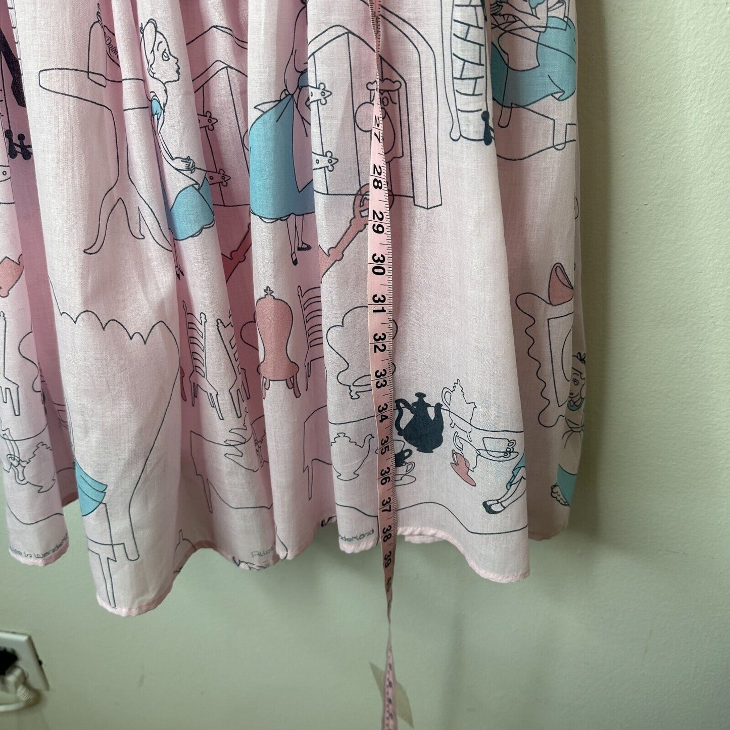 Cute Alice In Wonderland Print Pink & Blue Flowy Halter Top Apron Dress Zip SM