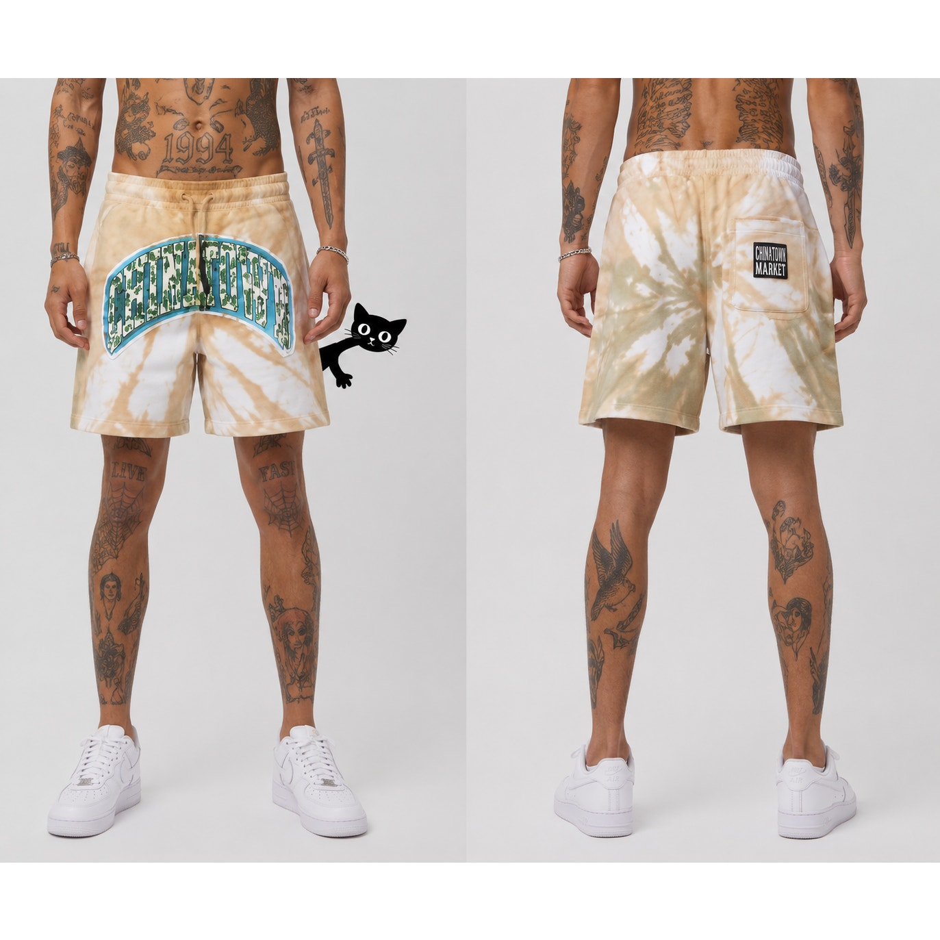 Chinatown Market Beige Tie Dye Island Arc SweatShorts Side and Back Pocket S