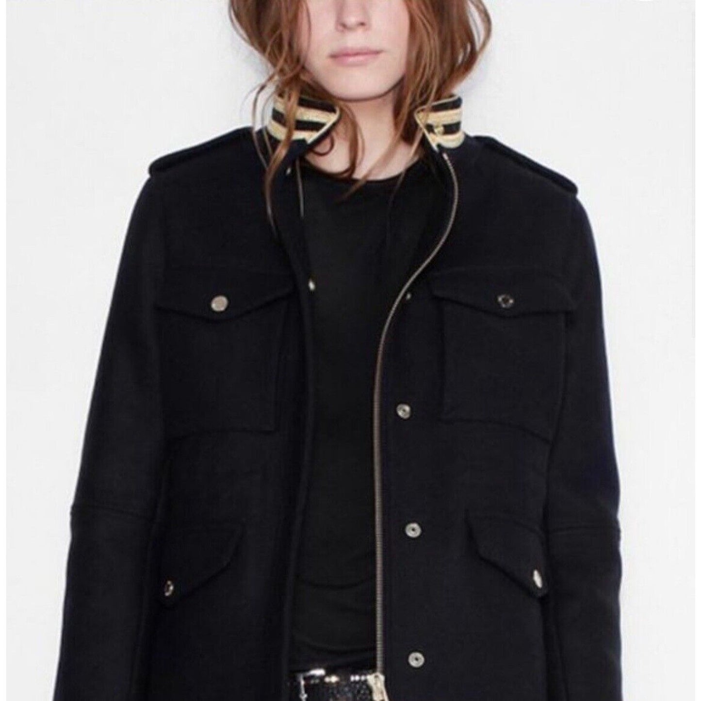 Zadig & Voltaire Wool Jacket Navy Gold Stand Collar Flap Pocket Zip Up Bomber SM