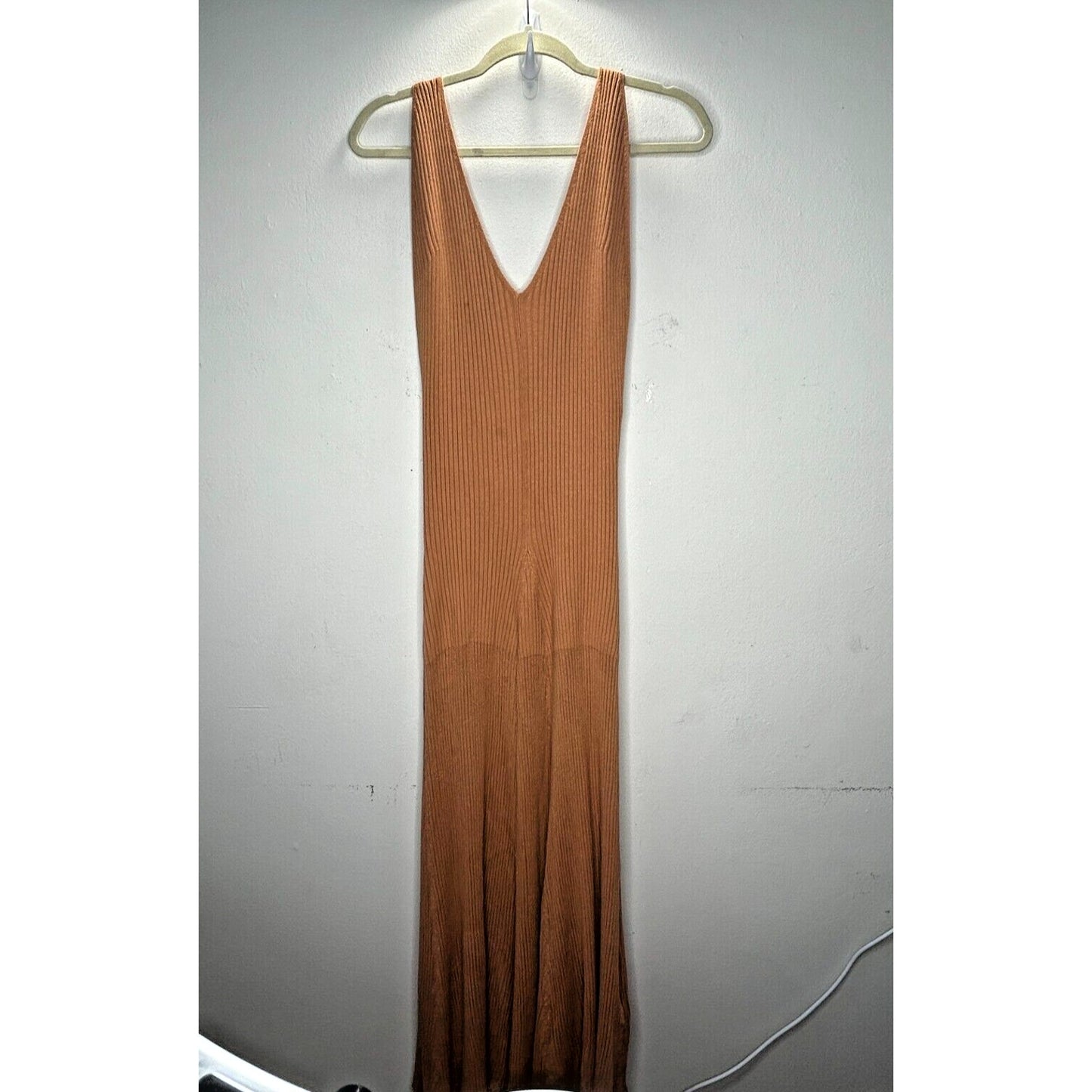 NWT Free People Camel Brown Sweet as Honey RibKnit VNeck Sleeveless Maxi Dress L