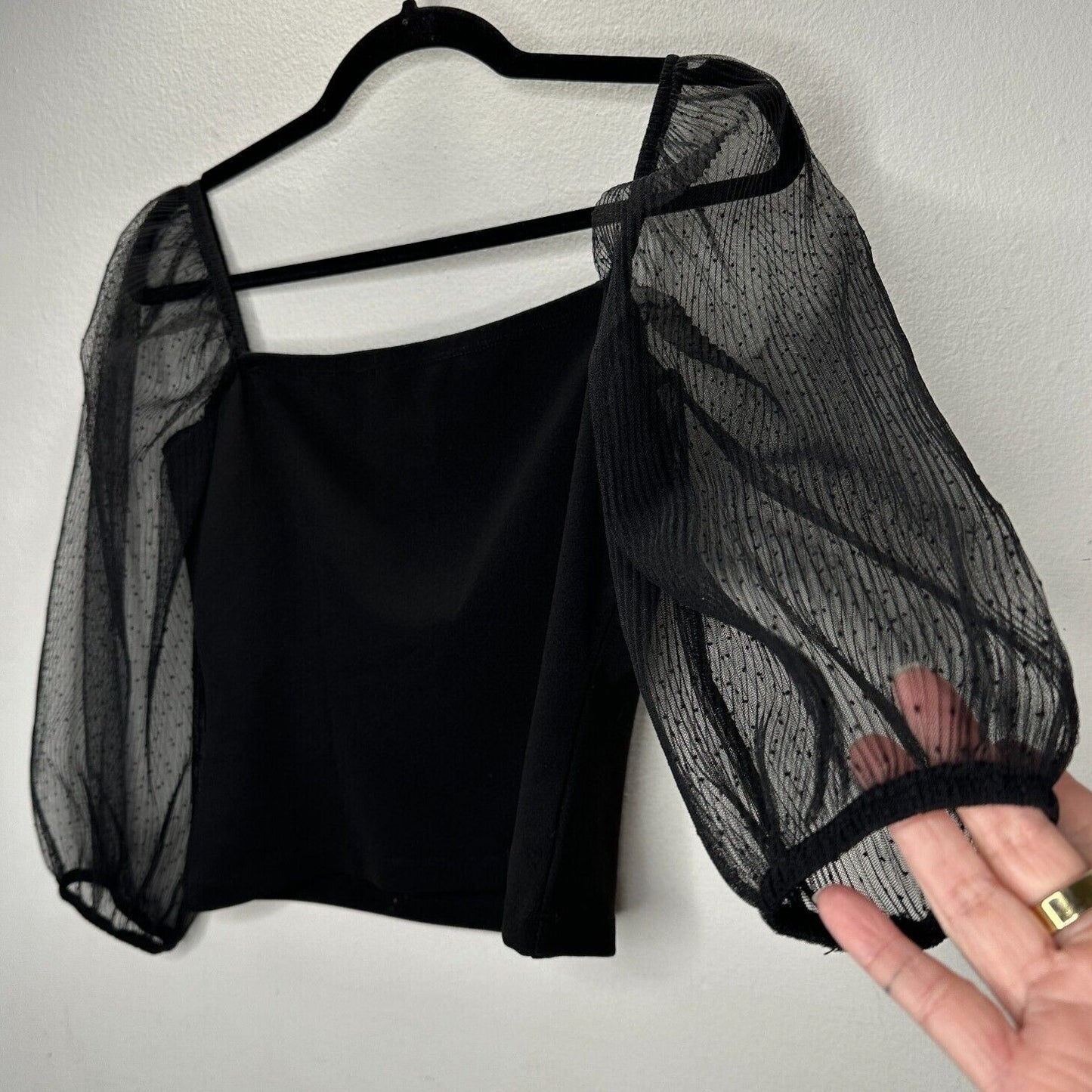 Socialite Black Square Neck Sheer Polka Dot Mesh Balloon Sleeve Crop Top M