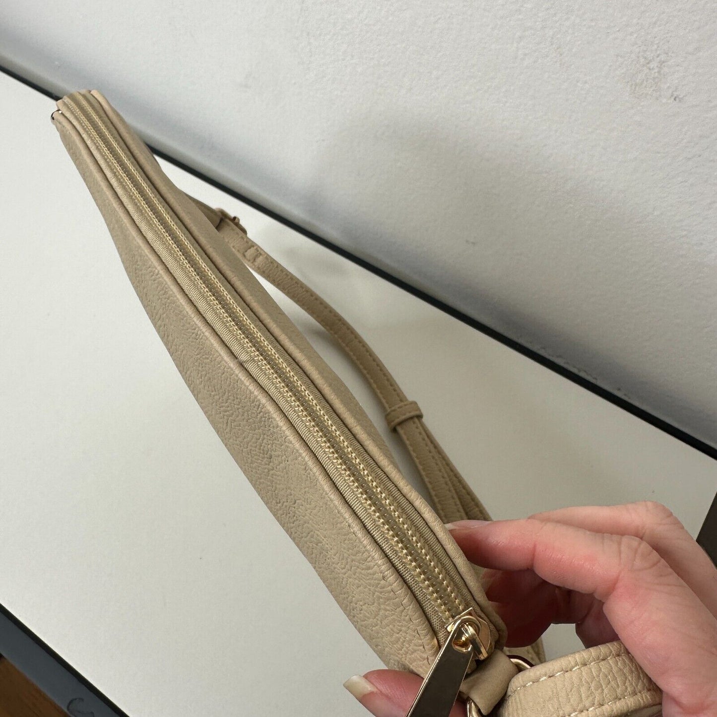 Desert Sand Tan and Gold Crossbody Bag Tassel Blue White Striped Interior Strap