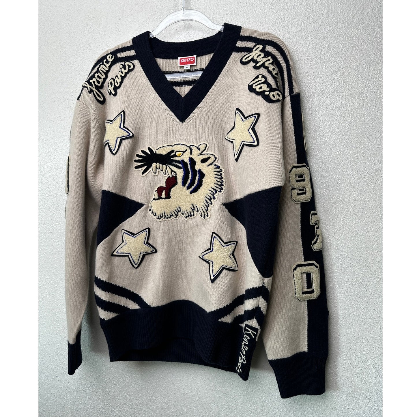 KENZO Paris Tiger Graphic V-Neck Sweater Off White Navy Size M