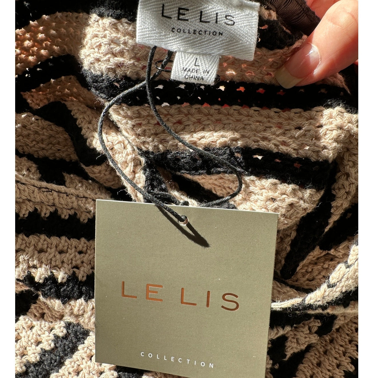 NWT Le Lis Tan & Black Striped Round Neck Raglan Sleeve Crop Sweater L