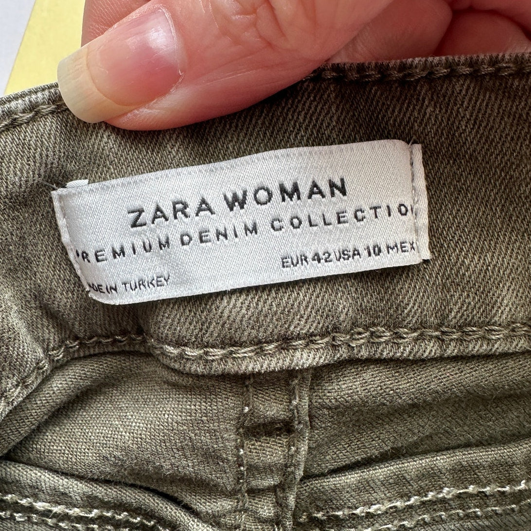 Zara Women Olive Green Button Fly Distressed Knee Skinny Jean High Waist 10