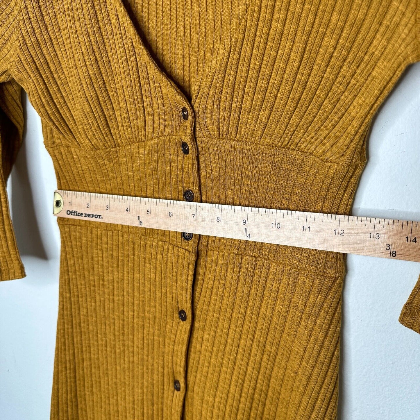 Pull & Bear Golden Yellow Cotton Rib Long Sleeve VNeck Button Up Mini Dress S