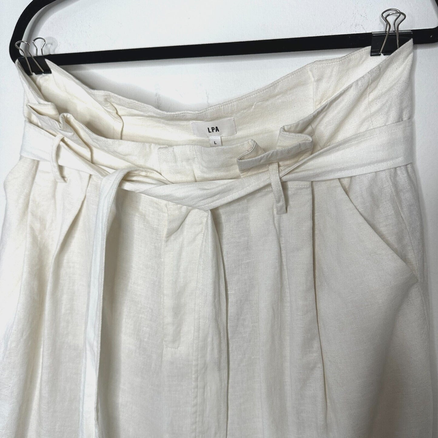 LPA Off White Linen Wide Leg Paperbag High Waist Self Tie Pleated Trousers L
