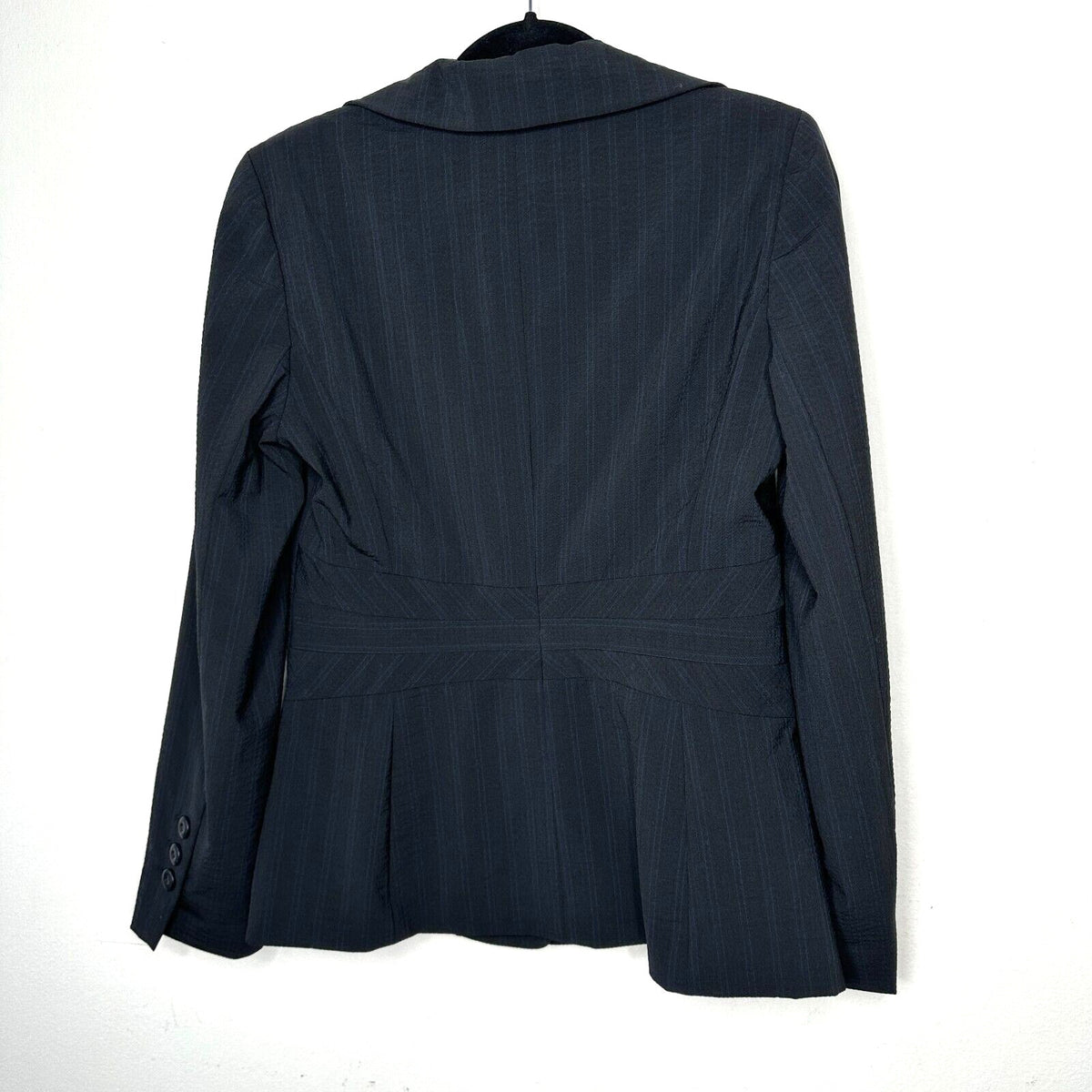 Classiques Navy Blue Pinstripe Fitted Peplum Waist 4-Button Wool Blazer 10