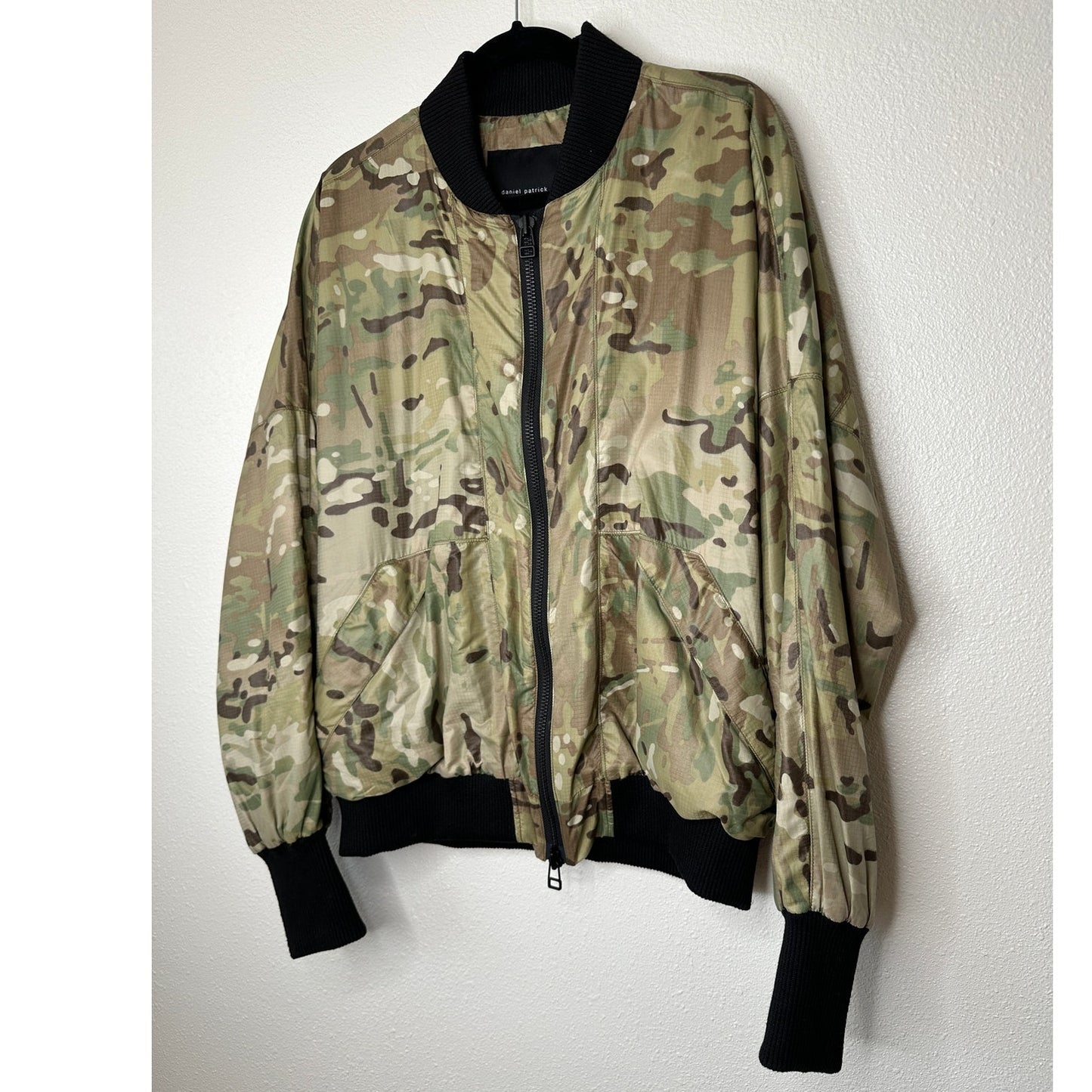 Daniel Patrick Olive Camo Front Split Zip Satin Long Sleeve Bomber Jacket M