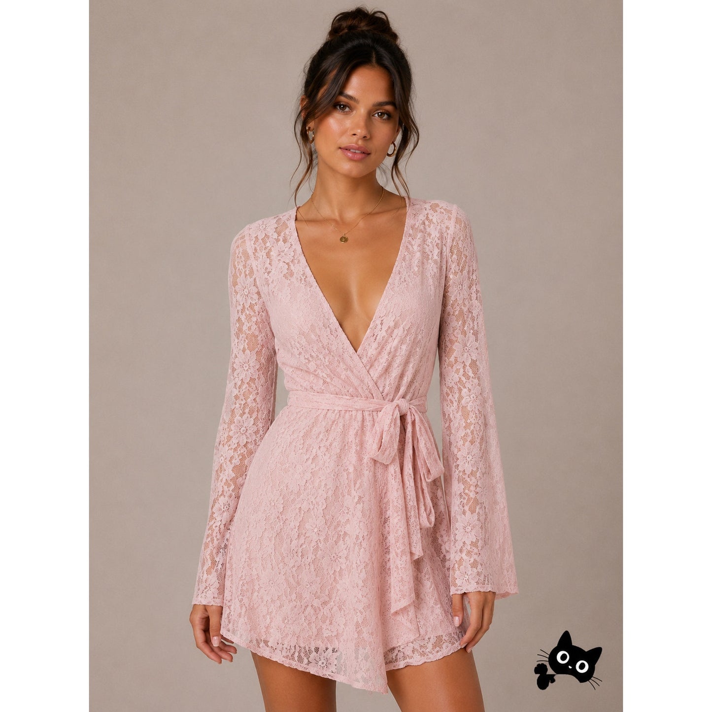 Marjorelle Pale Pink Lace Long Sleeve Tie Waist Kimono Wrap Mini Dress Robe M