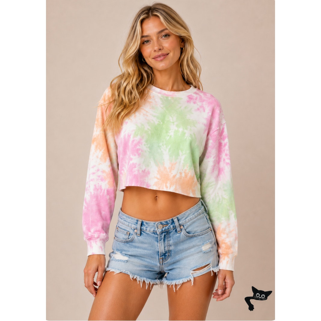 Southern Spirit Pale Sherbet Pink Green Tie Dye Long Sleeve Crew Sweatshirt S