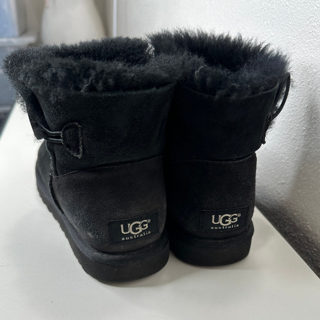 UGG Black Suede Furry Mini Bailey Button Ankle Boot 6