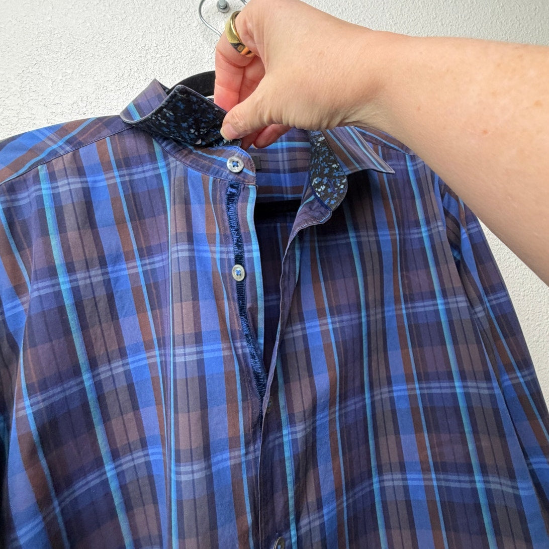 Bugatchi Plaid Button Front Shirt Blue Brown Gray Men’s L