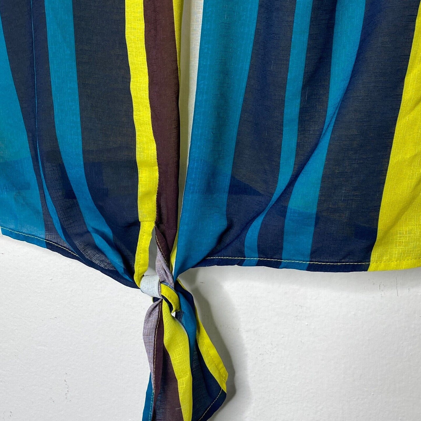 Sunday In Brooklyn Teal Blue & Yellow Black Multi Stripe Front Tie Blouse XS