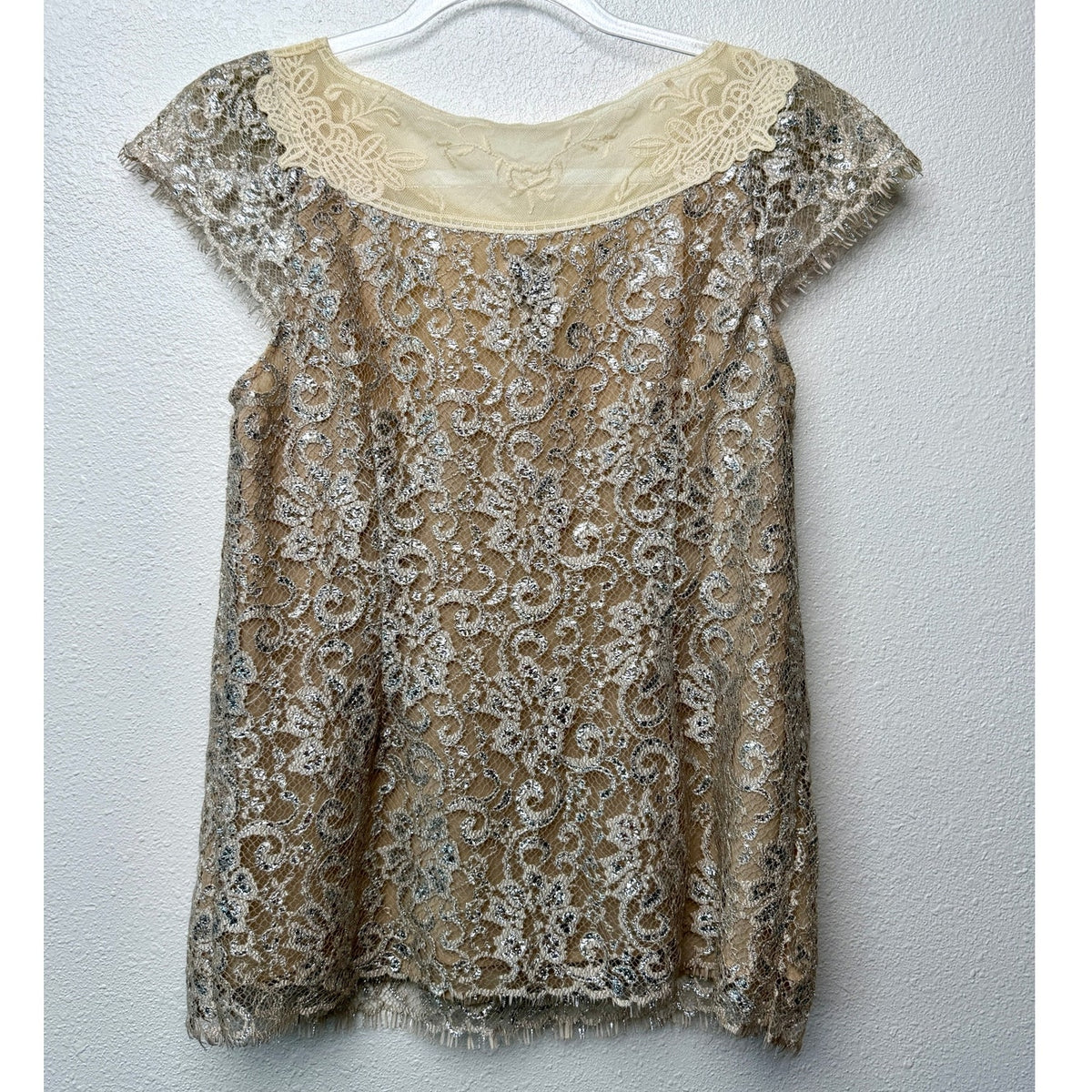 HD in Paris Metallic Silver Floral Lace Cap Sleeve Blouse Women's US 2