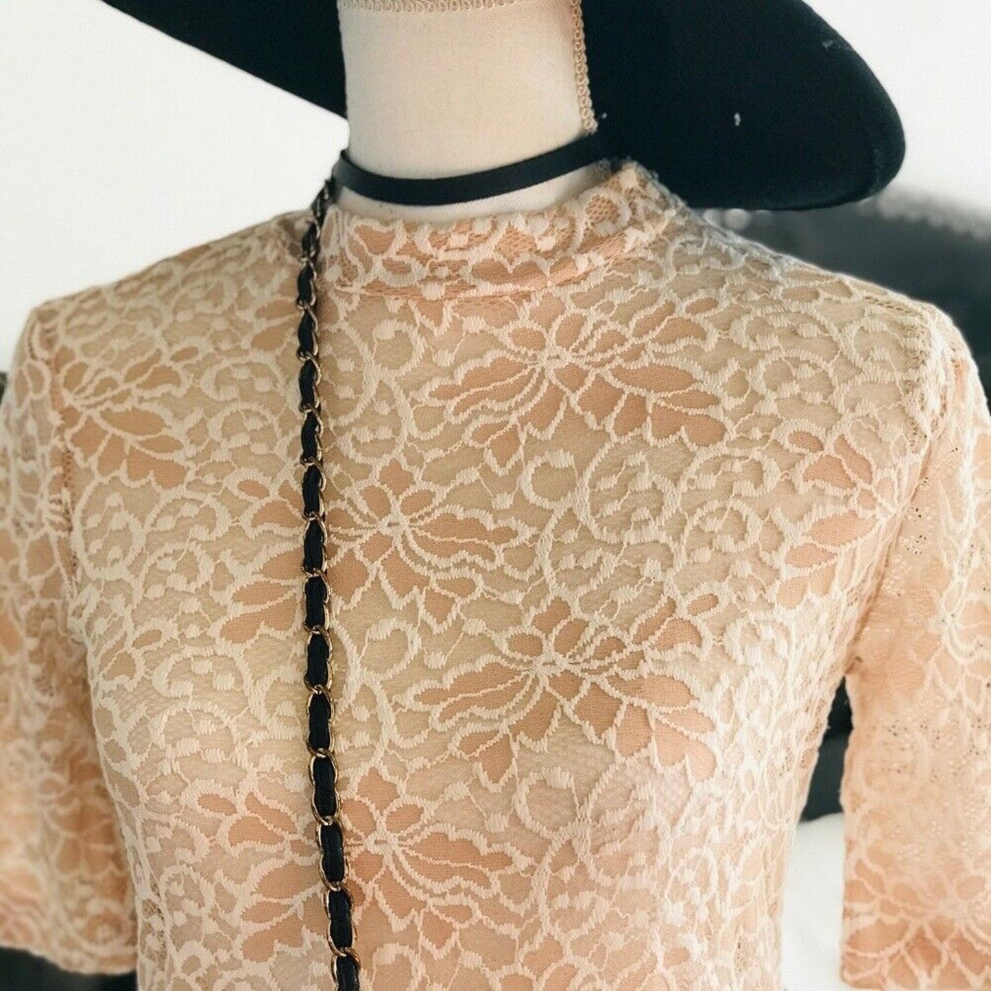 Mock Neck Bell Short Sleeve Blouse Sheer Floral Lace Design M