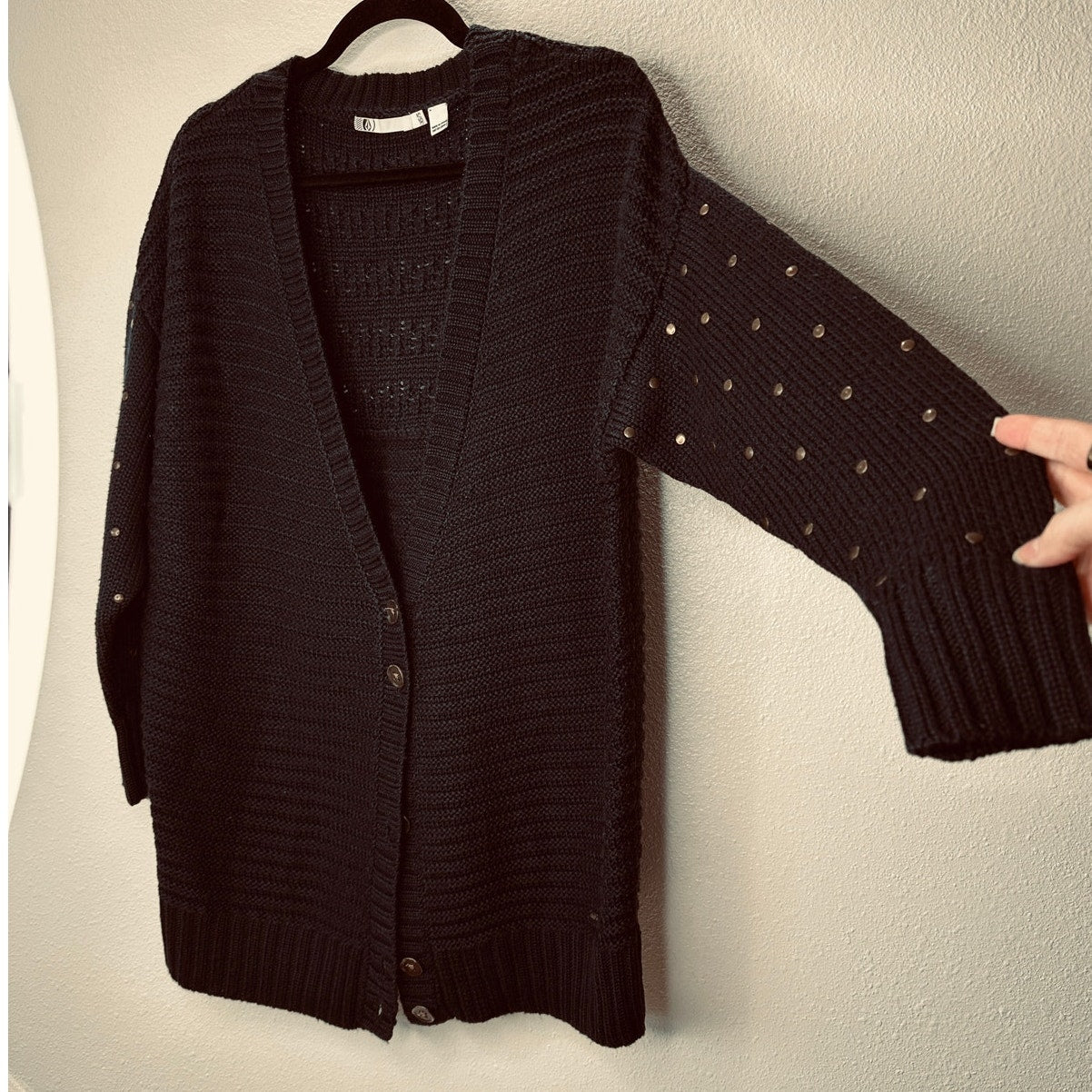 Volcom Black Cardigan Gold Studded Sleeves Gold Buttons