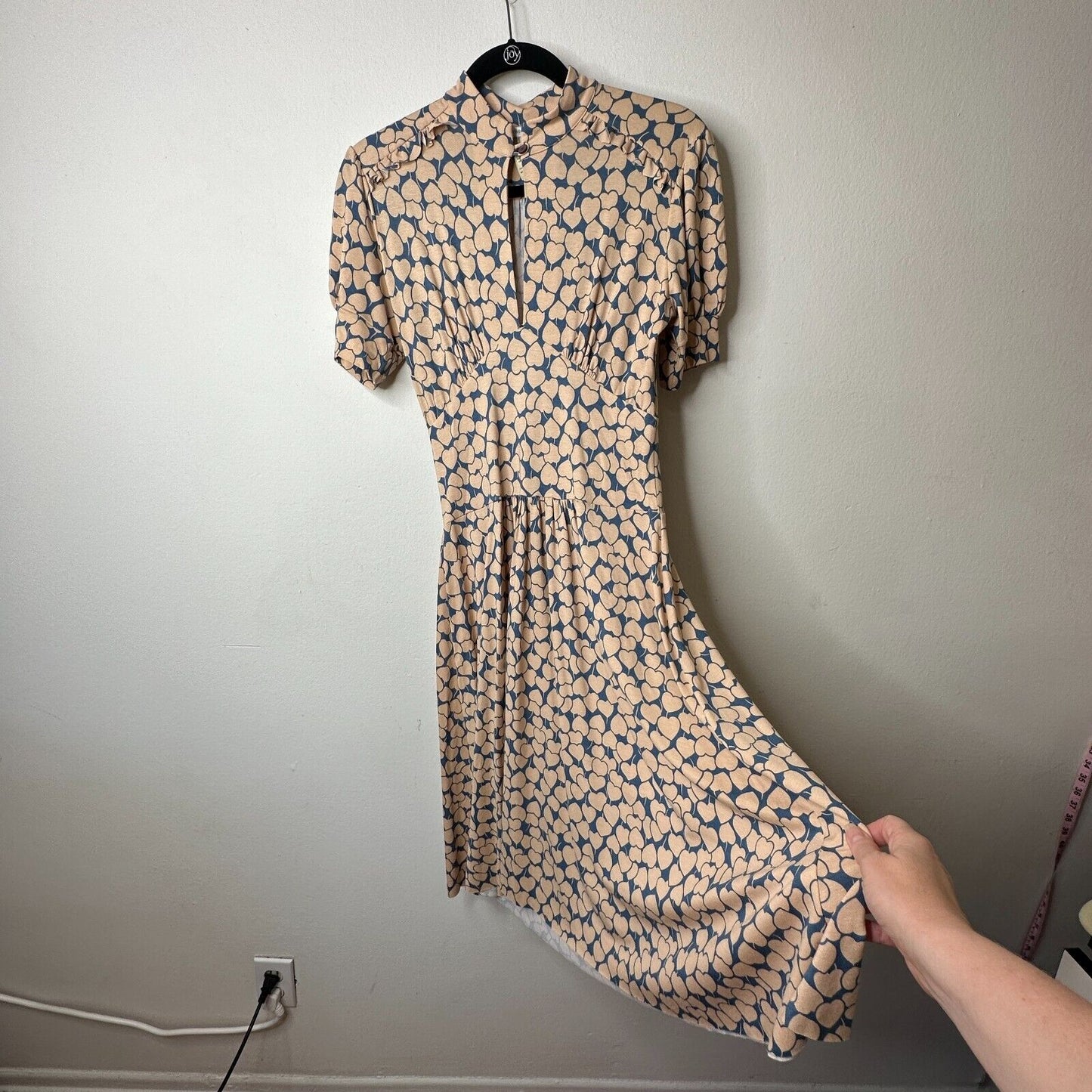 Maria Bonita Extra Blue & Tan Heart Keyhole Front Short Sleeve Mid Dress Med