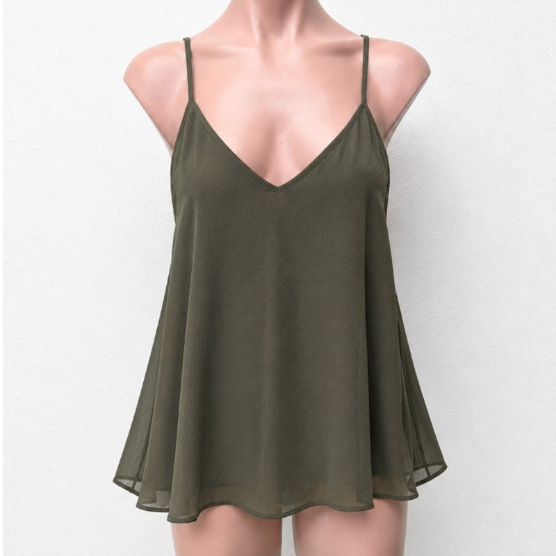 Marciano Olive VNeck Braided Racer Back Semi Sheer Blouse SM