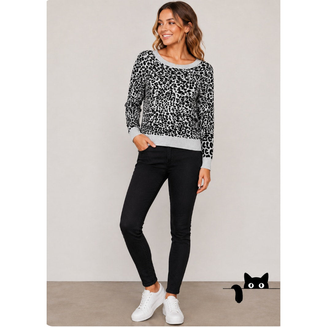 Express Black & Light Gray Leopard Print Boat neck Long Sleeve Thin Sweater M