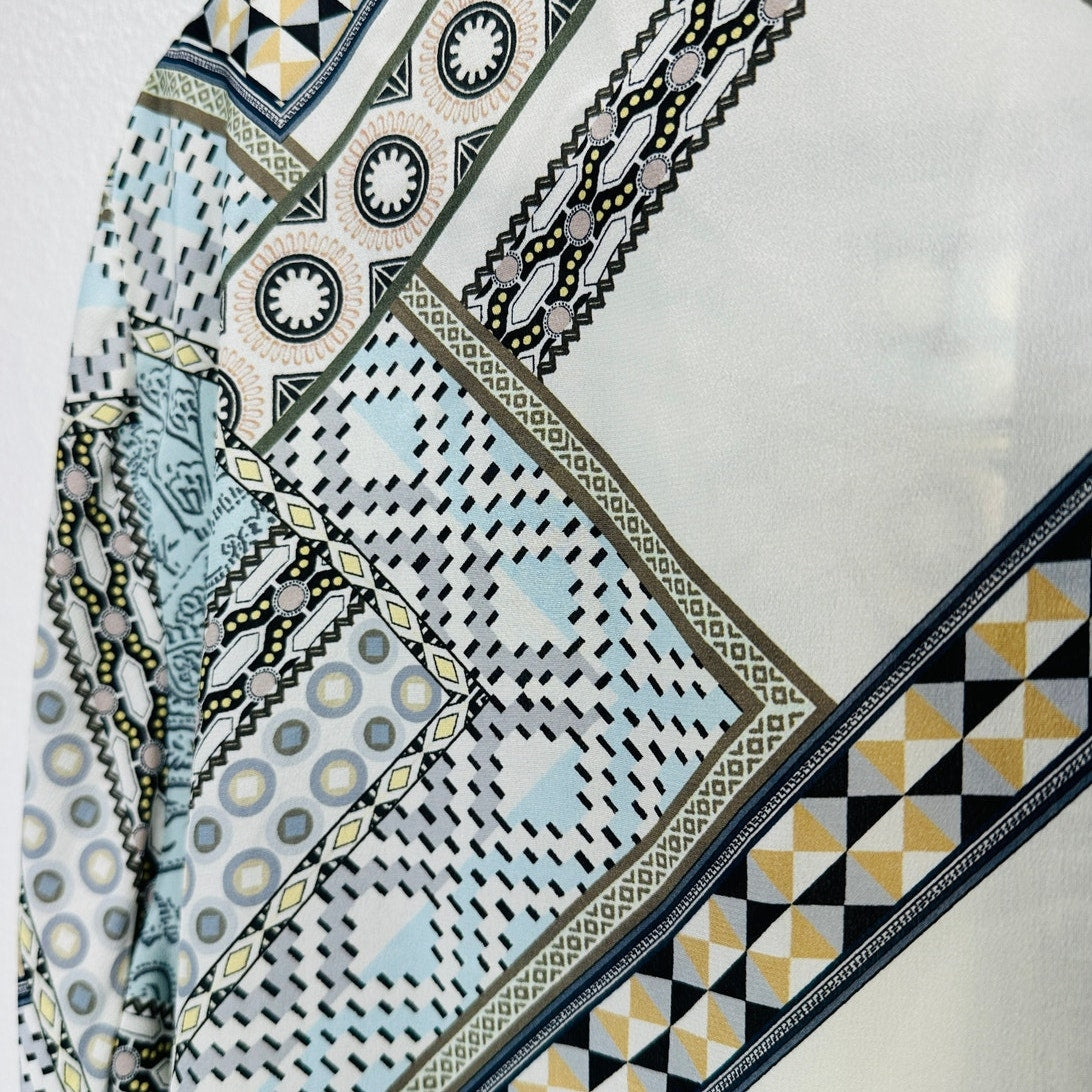 ETRO Pastel Cream Blue Multi Geometric Print Button Collar Silk Blouse  46 / L