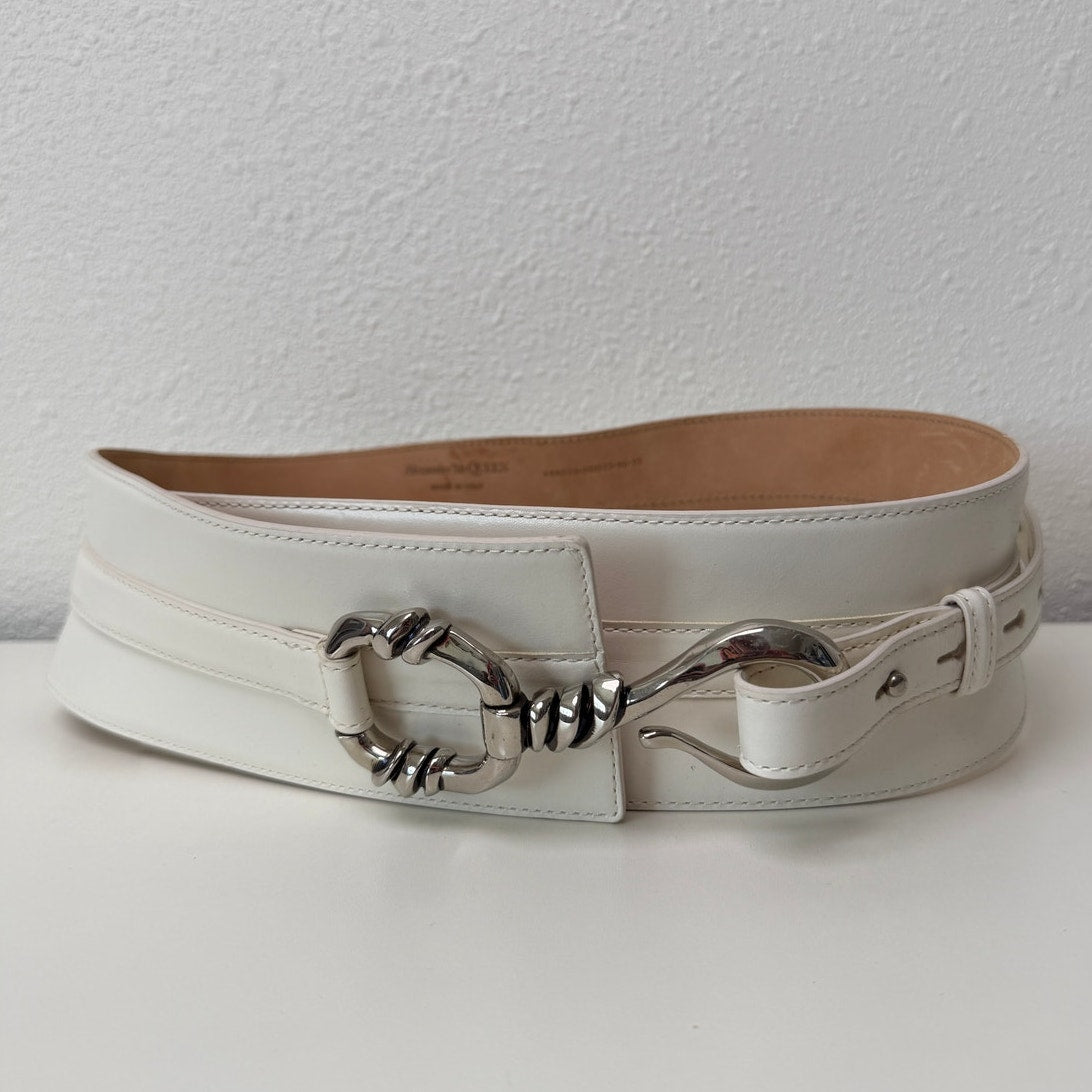 Alexander McQueen Ivory Calf Leather Wide Hook Waist Belt