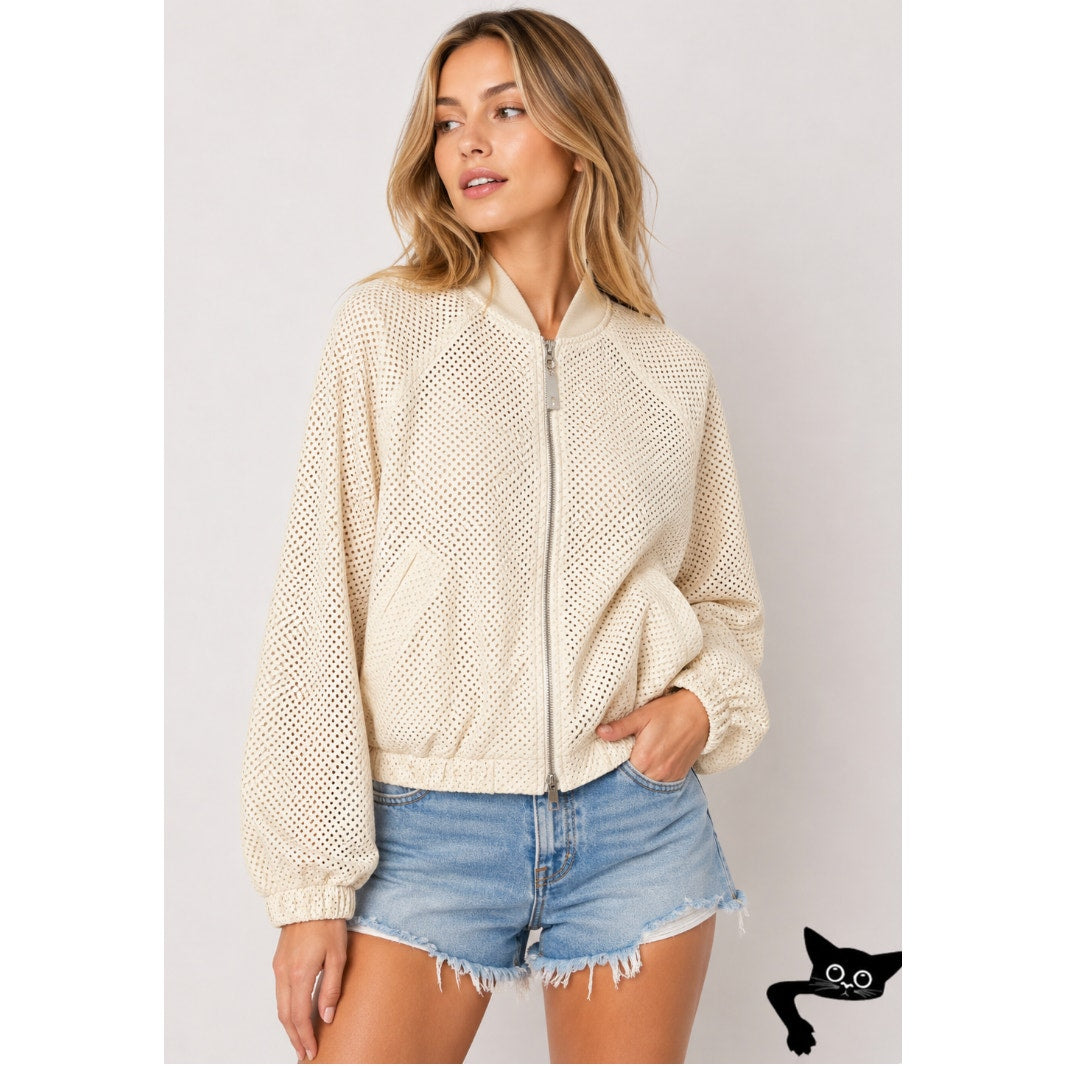 NWT Brunello Cucinelli Tan Cream Laser Cut 100% Leather Bomber Jacket 48 / XL