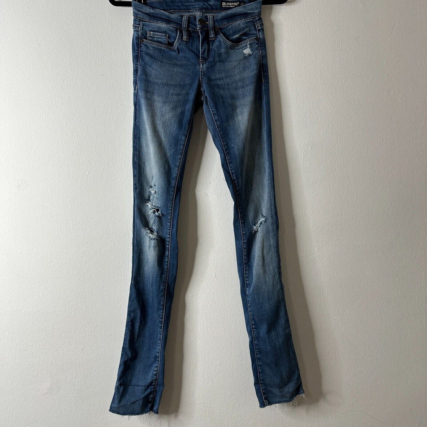Blank NYC High Cuff Straight Medium Wash Distressed Jeans Low Rise Stretch 24