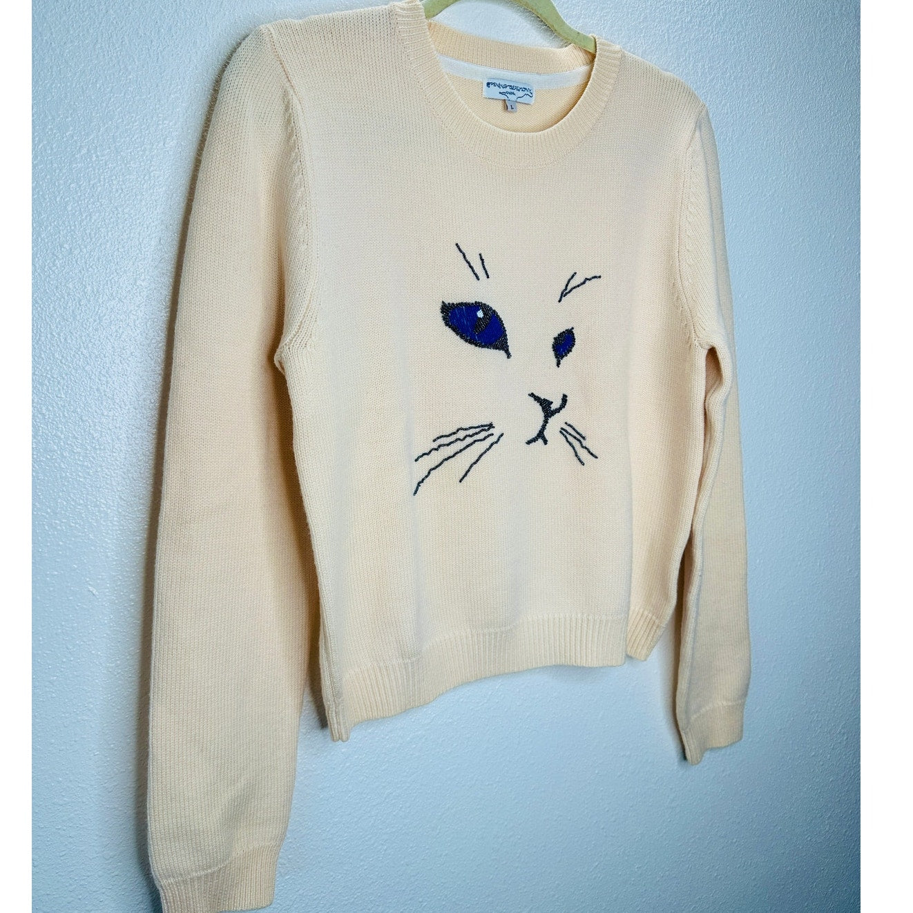 Opening Ceremony Butter Cream Crew Neck Cat Motif Sweater L