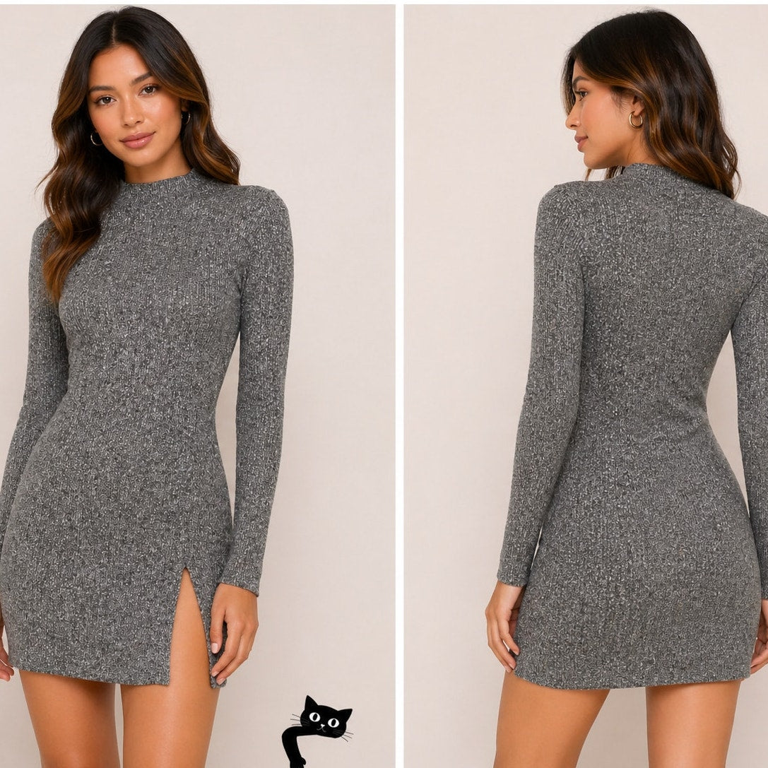 Better Be Marled Grey Knit Mock Neck Long Sleeve Split Front Bodycon Mini M