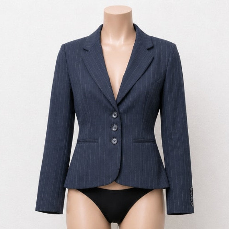 Ann Taylor Navy Pinstripe Crop Blazer Shawl Collar Button Sleeve Welt Pocket OP
