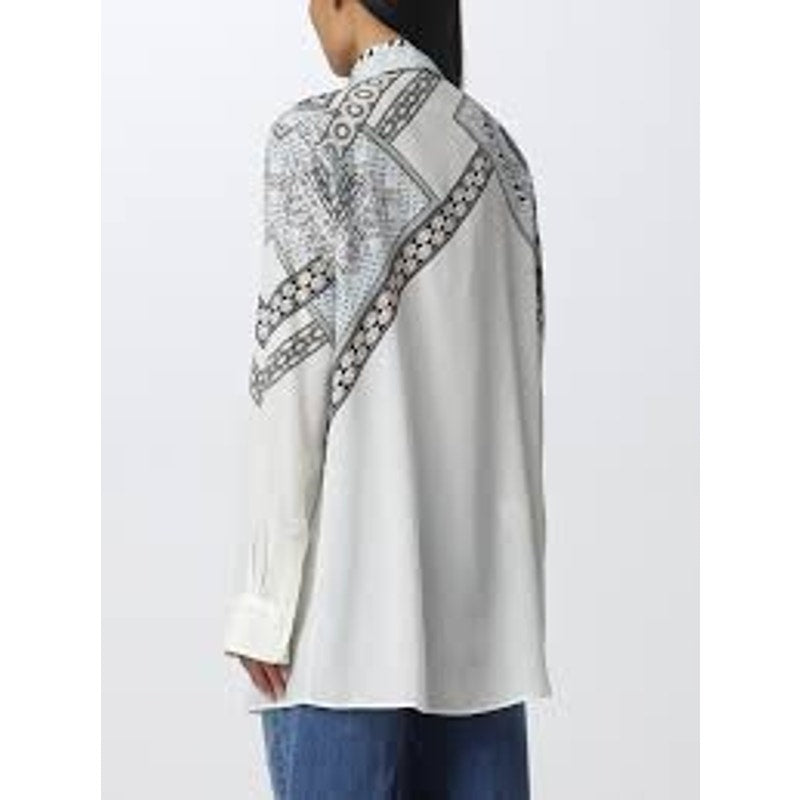 ETRO Pastel Cream Blue Multi Geometric Print Button Collar Silk Blouse  46 / L