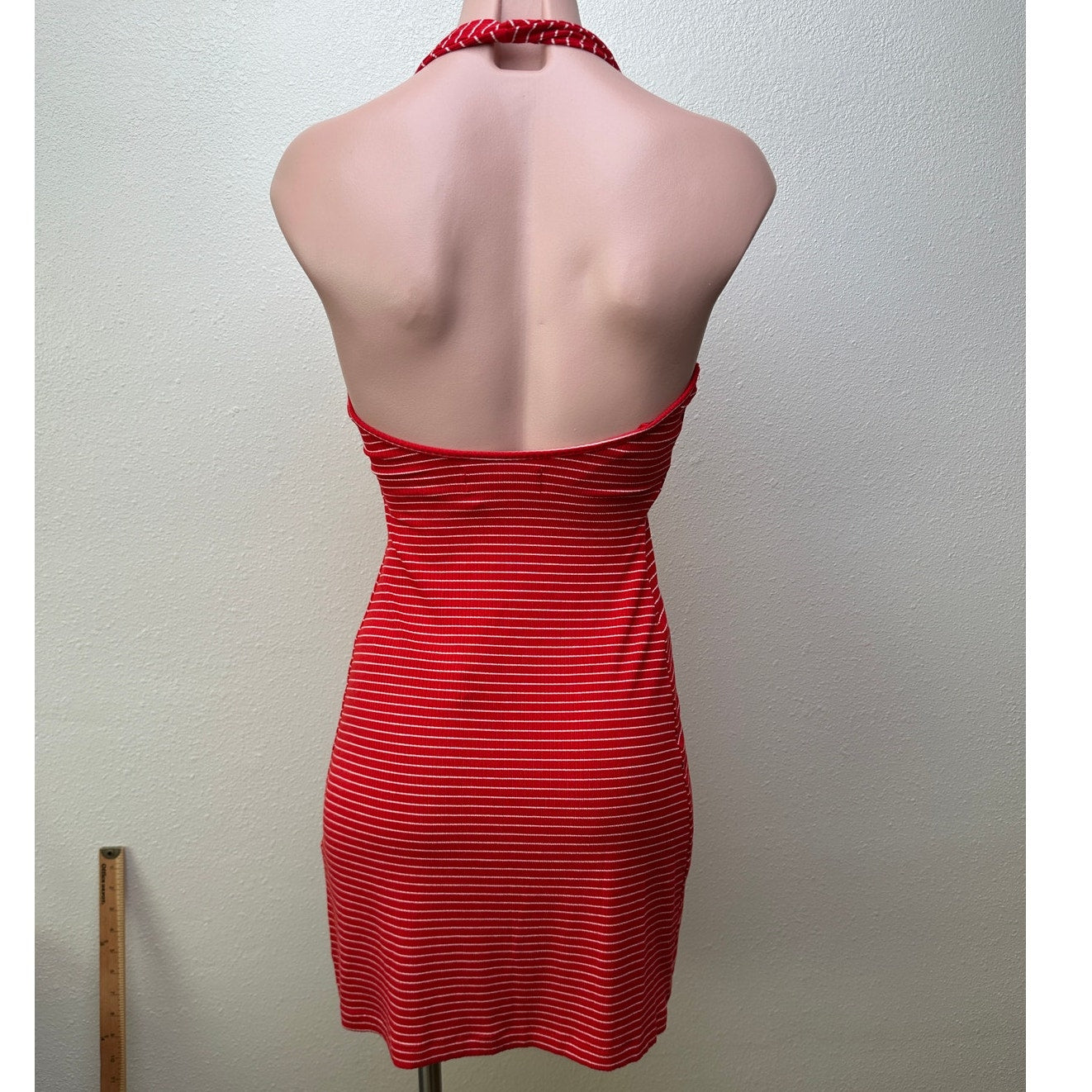 L Space Halter Mini Dress Red White Striped Ribbed Bodycon S