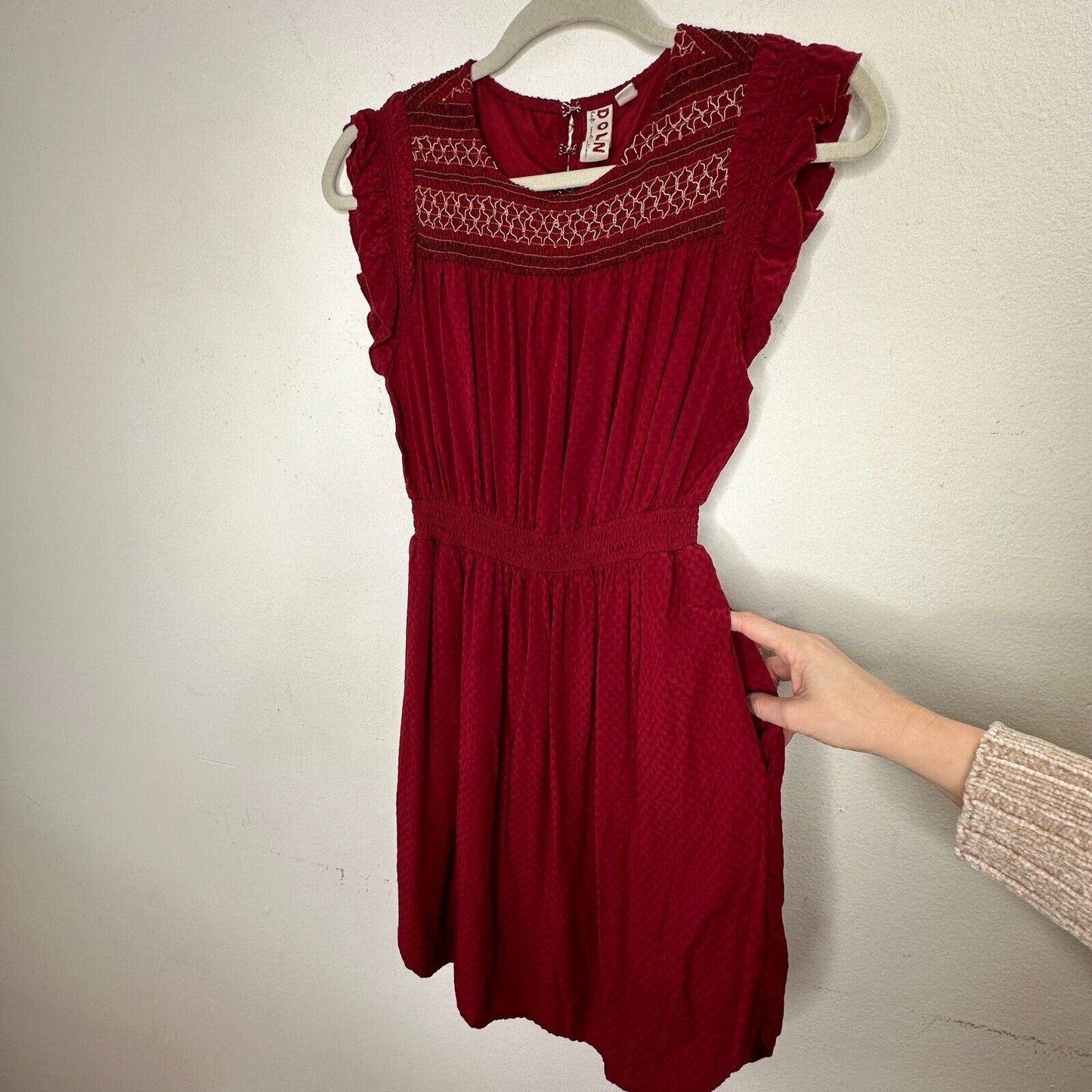Anthropologie Dolan Red Left Coast Tansy Smocked Midi Ruffle-Shoulder Dress XS