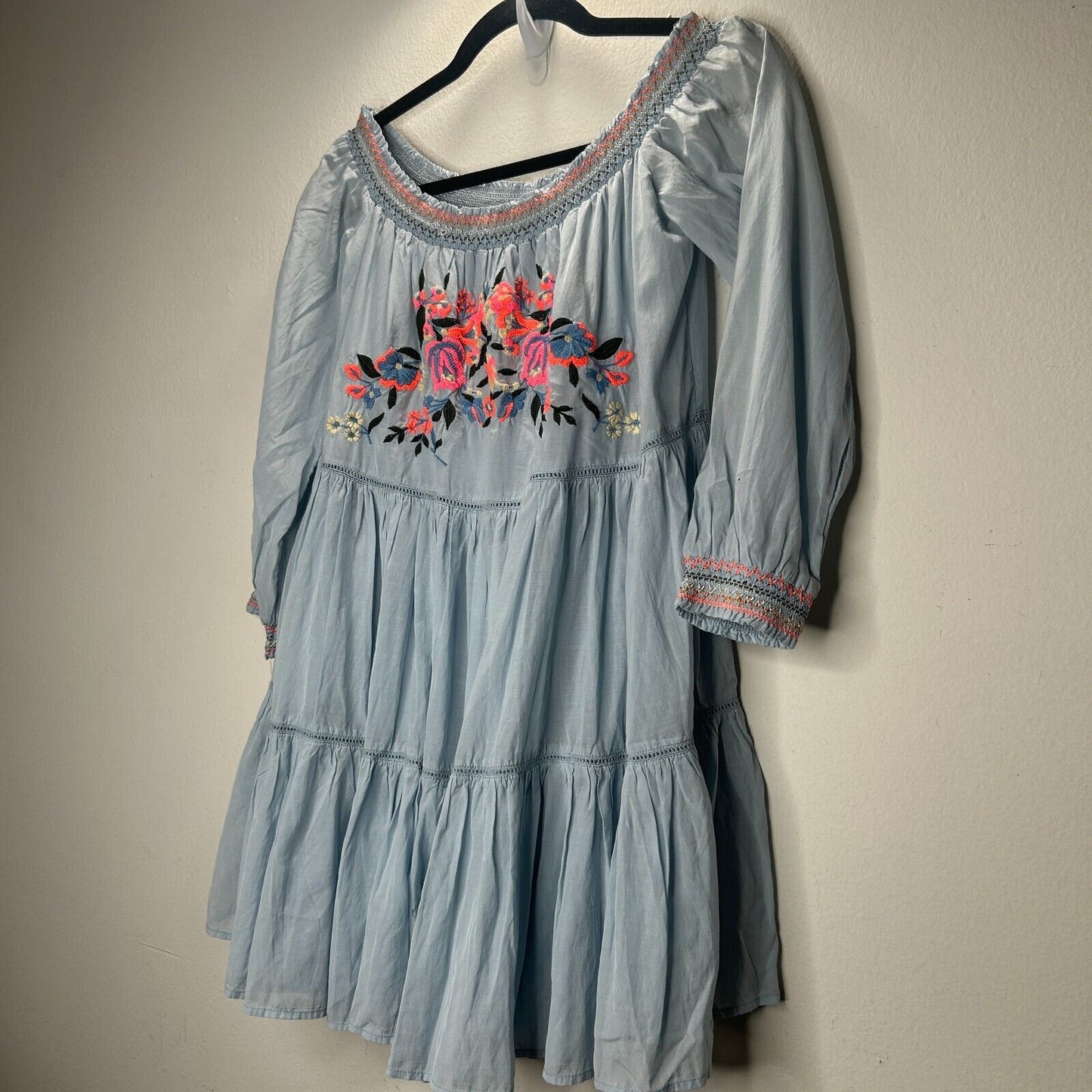Free People Baby Blue Smocked Off Shoulder Embroidered Tiered Ruffle Mini Dress