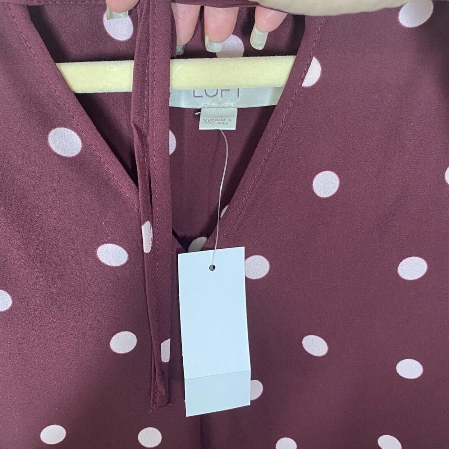 Loft Burgundy Plum & Pink Polka Dot Tie Neck Ruffle Hem Long Sleeve Blouse XXS