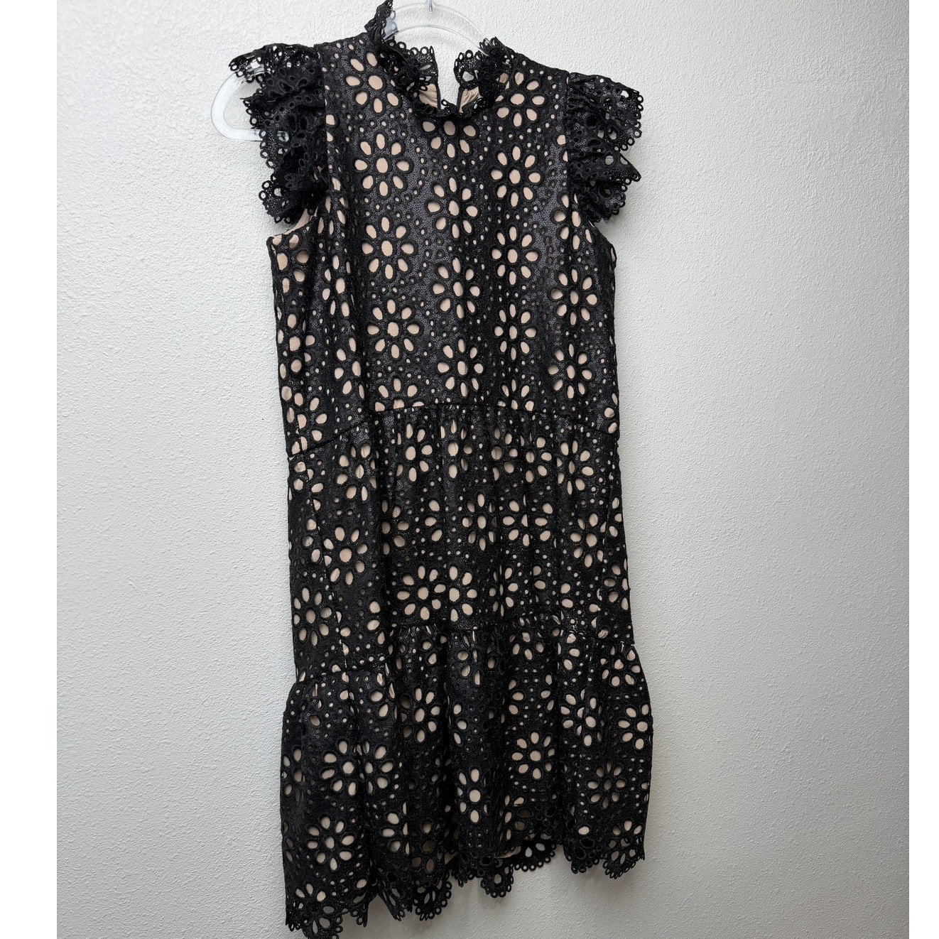 Sea New York Black Eyelet Lace Mock Neck Ruffle Dress US 0