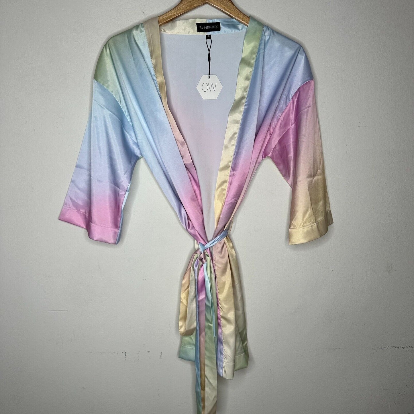 NWT OW Intimates Pastel Rainbow Kimono Open Satin Style Tie Waist Robe Small