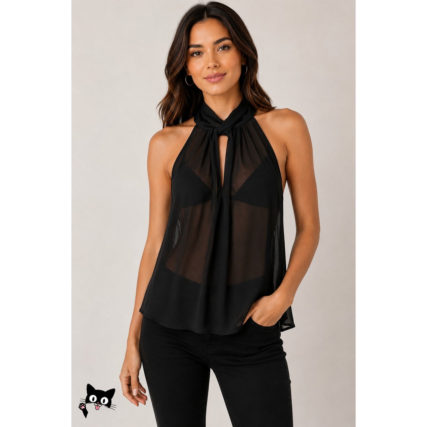 Joie Black Sheer Twist Open Racerback Keyhole High Neck Tank Top S