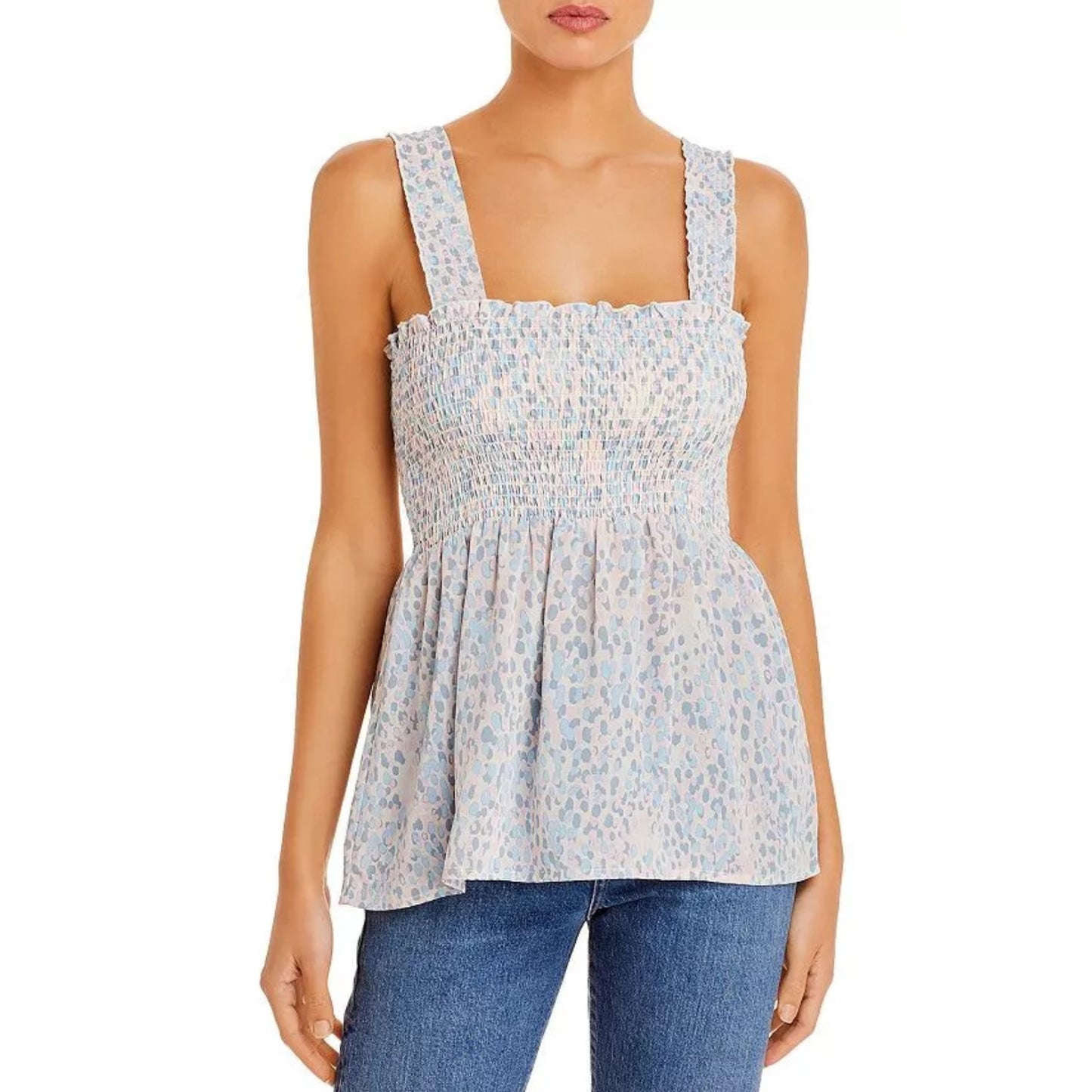 Aqua Muted Pink Cream Blue Smocked Sleeveless Babydoll Top S