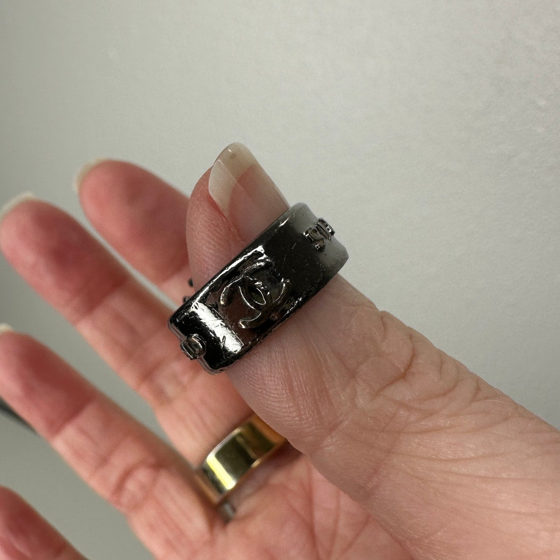 Chanel Paris Silver  Embossed Logo Pearl Crystal Heart Dangle Ring 6.5