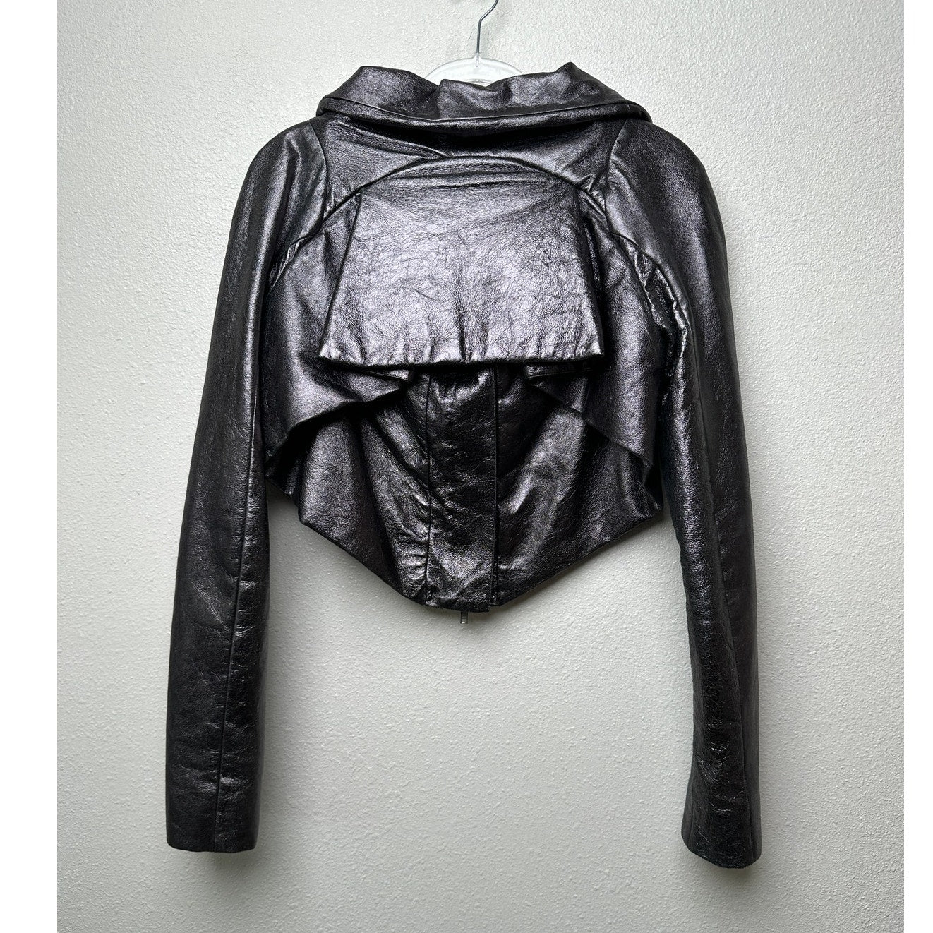 Gareth Pugh gunmetal calf leather cropped jacket women’s 10 draped zip